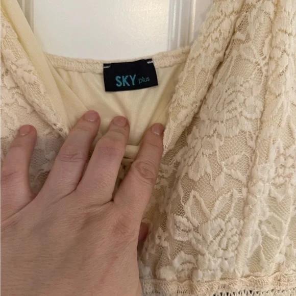 Sky Cream Lace Bodice Midi Dress with Olive Skirt - Picture 3 of 5